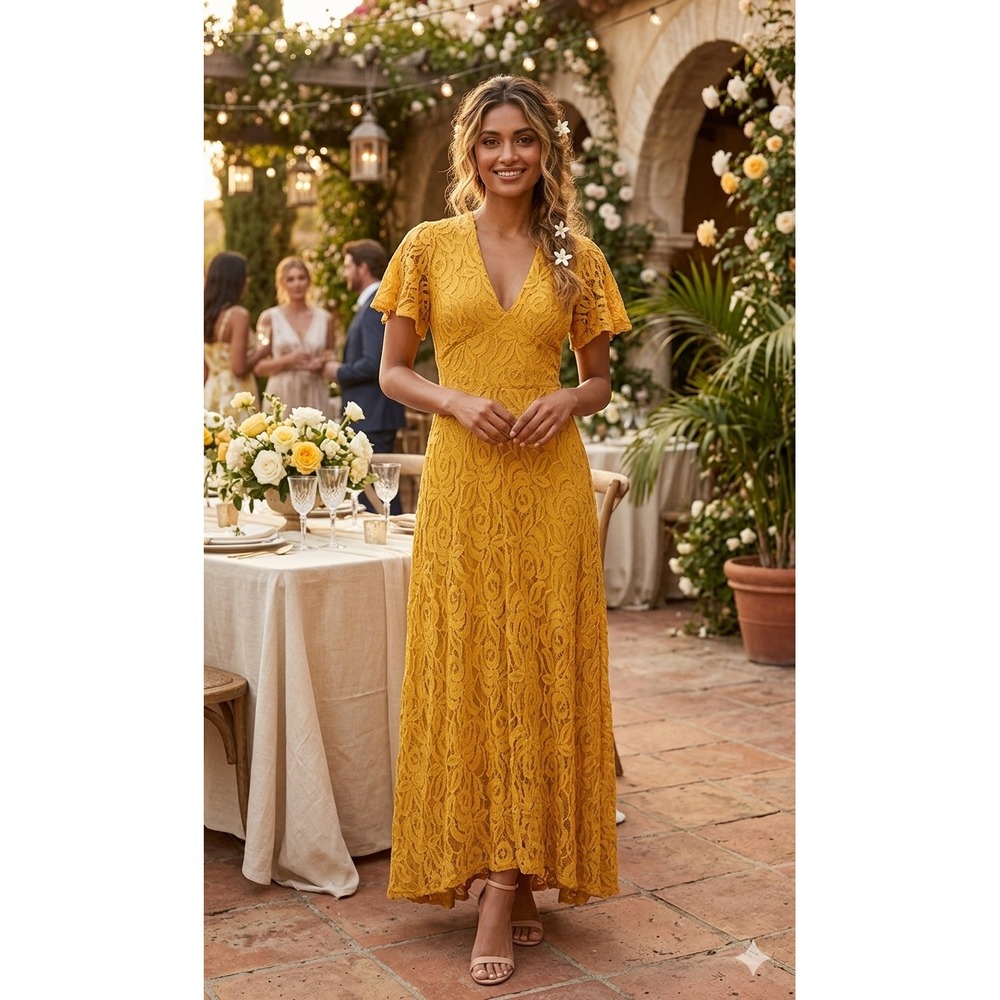 Altar'd State Mustard‎ Yellow Lace Maxi Dress Floral V-Neck Short Sleeve Small